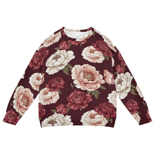 JUNZAN Vintage Peony Burgundy Little Girls Hooded Sweatshirt Crewneck Sweatshirts for Boys Sports 4T