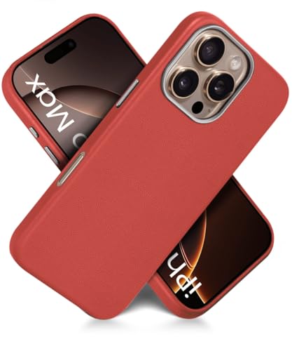 Image of WOW IMAGINE Back Cover for iPhone 16 Pro Max | Shockproof Tough Leather Texture Hard Mobile Case | Ultra Slim Non-Slip Grip | Inner Velvet Fabric | Metal Camera Ring - Crimson Red