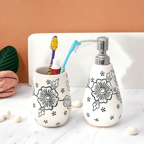 Image of Hand-Painted Ceramic Bathroom Accessories Set of 2 | 300ml Liquid Soap Dispenser & Toothbrush Holder | Rust-Proof Bathroom Organizer for Home & Wash Basin Decor | White Flower