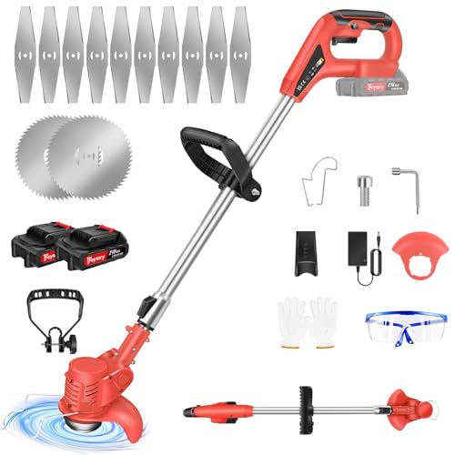 Debroussailleuse Electrique sans Fil，1500mAh Coupe Bordure avec 2 Batterie et Lames et Chargeur, avec 21 Accessoires，Coupe-Herbe Télescopique Réglable pour Jardin, Pelouse, Buissons, Rouge