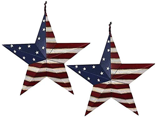 Metal Patriotic Barn Star Hanging Wall Decor Set of 2, Rustic American Flag Metal Barn Star Wall Art Decor, 4th of July Decoration Indoor Outdoor Star Decor