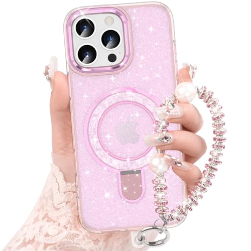 Coque iPhone 16 Pro Max antichoc robuste rose paillettes béquille arrière