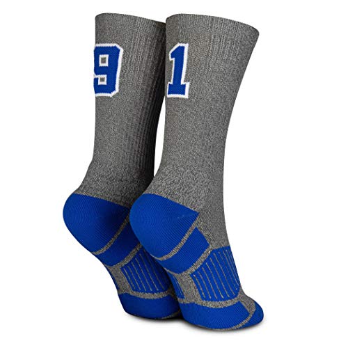 ChalkTalkSPORTS Custom Team Number Mid-Calf Crew Socks | Athletic Socks Gray & Blue3
