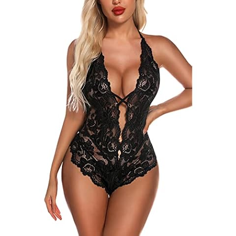 Aranmei Lingerie for Women Lace Teddy Bodysuit Sexy Deep V Cut Out Matching Panty Underwear Black Cover