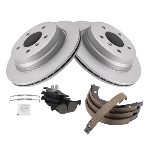 Image of TRQ Rear Brake Pad and Rotor Set Semi Metallic G Coated Rotors Parking Shoe Compatible with 2007-2013 BMW 328i 2009-2013 328i xDrive 2007-2008 328xi 2013-2015 X1