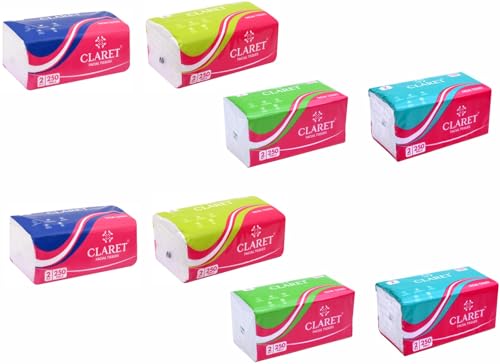 Image of Claret 2-Ply Facial Tissue | Makeup Removal Tissue Wipes | Tissue Paper For Office Desk | Car Accessories | 250 Pulls Super Soft & Highly Absorbent | Pack of 8