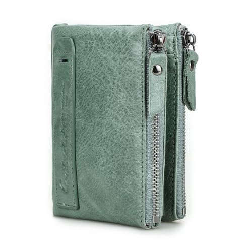 Image of CONTACTS Soft Leather Wallet for Women and Men Small Bifold Coin Purse Double Zipper Card Holder RFID Blocking (Matcha Green)