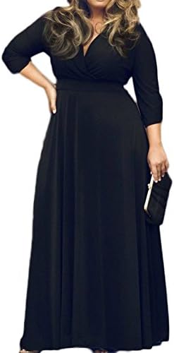 POSESHE Women's Solid V-Neck 3/4 Sleeve Plus Size Evening Party Maxi Dress Black 3X-Large
