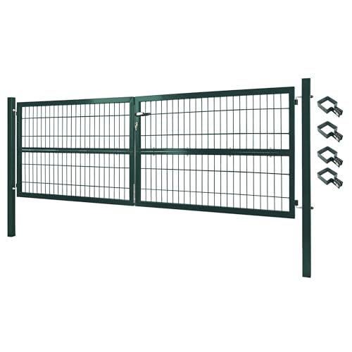 V2Aox Gartentor Tor Gartenzaun Zaun 300x100 cm Doppelflügelig Gartentür aus Metall für Stabmattenzaun Abschließbar inkl. Pfosten Grün