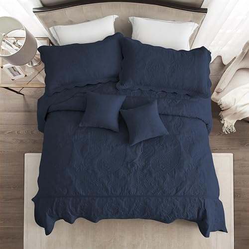 Image of HZ & HY Oversized King Bedspread 128x120 Extra Wide, Stitched Paisley Quilt Set King /Cal King, Lightweight Reversible Coverlet, Scalloped Edge - Deep Classic Look, 5 Piece, Polar Night