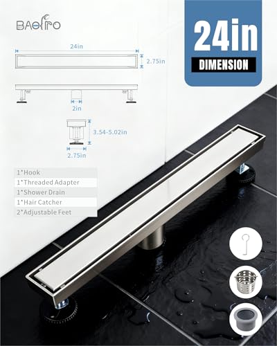 Image of 24 Inch Brushed Stainless Steel Linear Shower Drain | CUPC Certified 2-in-1 Tile Insert for Curbless Showers. 304 Steel, 15.8GPM Flow. Includes Hair Catcher & Adjustable Feet.