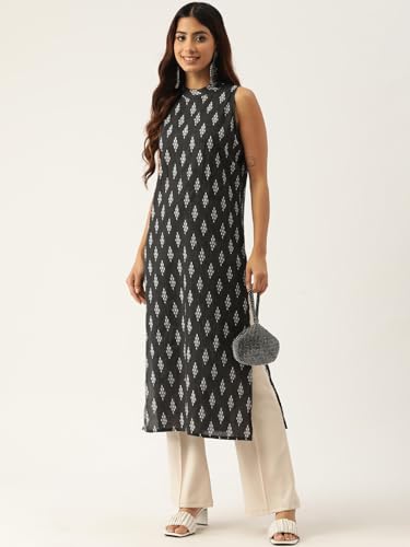 Image of feranoid Unique Printed Choker Neck Back Button Sleeveless Long Kurti