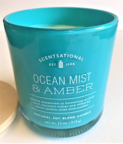 Natural Soy Wax Blend Scented Candle Ocean-Mist + Amber Glossy Teal Glass Jar, 11 Oz. #TOP1