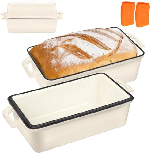 Wildone 2 in 1 Enameled Cast Iron Bread Pan with Lid, 9x5 Loaf Pans for Homemade Sourdough Bread, Cake, Meatloaf, Even Heating Bread Dutch Oven, Cream White - Thumbnail 5