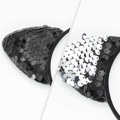 Marsosaur Cat Ears Headband With Face Stickers, Black Reversible Sequin Cat Ears For Women Girls Halloween Costumes Cosplay thumb #2