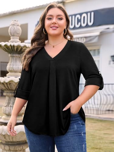 Plus Size Tops for Women V Neck Blouse Pleated Front Loose Fitting Tunic Top Dressy Casual Fall Clothes 2025