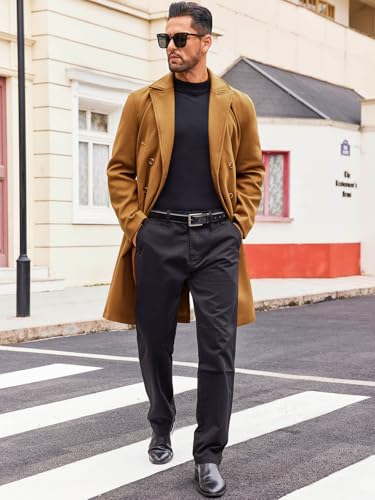 Image of Runcati Mens Trench Coat Notch Lapel Slim Fit Double Breasted Casual Long Business Pea Coat Overcoat