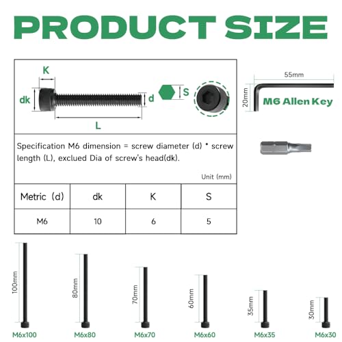 Jyvex 20 Stück M6x100 Schrauben Schwarz, Zylinderkopfschrauben m6, Zylinderschrauben mit Innensechskant, D912 12.9-klassigem Kohlenstoffstahl Inbusschrauben Vollgewinde, mit Schlüssel