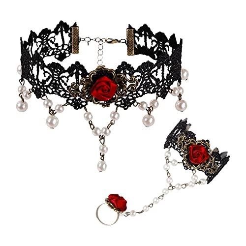 MILAKOO Gothic Choker Schwarz Spitze Halskette mit Rose Armband mit Ring Set Victorian Halskette