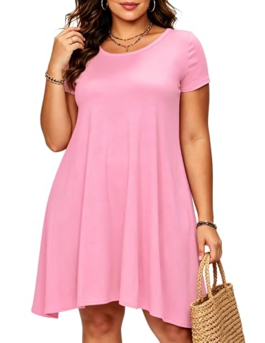 Image of Afibi Womens Short Sleeve Loose Pockets Dress Casual Swing T-Shirt Dresses