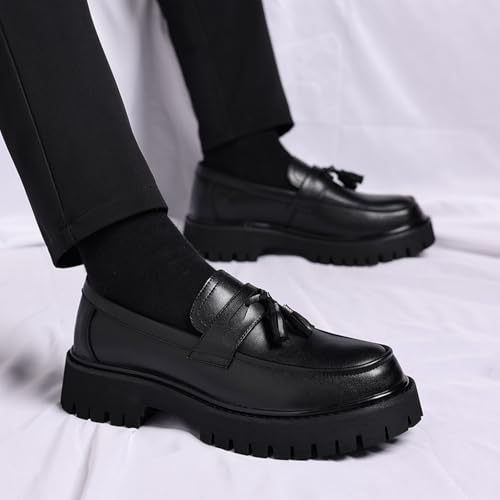 Image of Mens Leather Slip-On Platform Dress Tassels Loafers Non-Slip Low Top Round Toe Chunky Penny Shoes for Business Casual Dress Prom Party