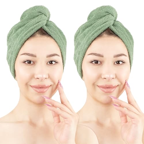 Hammetex Haartuch Damen 2er Set Haarhandtuch aus 100% Baumwolle Oeko-TEX Zertifiziert Weich Saugstark Haarturban mit Knopf Salbei Grün