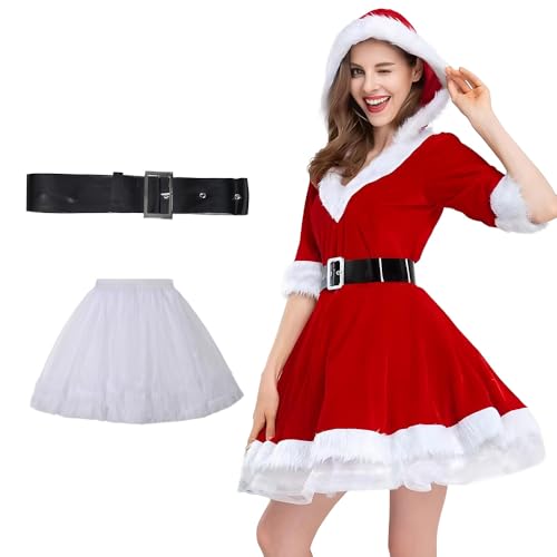 DAJASD Disfraz de Santa Claus para Mujer, Disfraz de Mamá Noel para Mujer, Mujer Adulto Santa Papá Noel con Vestido, Bullicio, y Cinturón para Hombre, Navidad, Cosplay, Carnaval