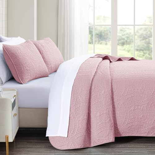 akkialla Full/Queen Quilt Set,Pink Lightweight Bedspread with Coin Pattern, Soft Microfiber Coverlet for All Seasons, Contemporary Decorative Bedding (1 Quilt, 2 Pillow Shams)