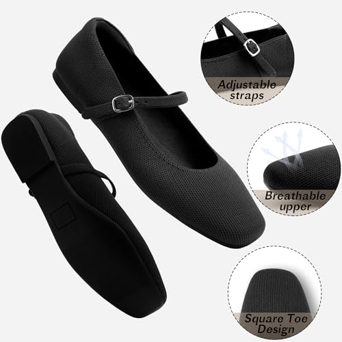 Square Toe Mary Jane Flats for Women Dressy Comfortable Knit Ballet Flat Adjustable Strap for Work2