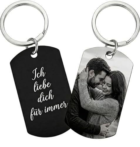 WORKIRAN Personalisierter Schlüsselanhänger mit Fotogravur und Liebestext, Schwarz-Weiß Dog Tag Anhänger, Individuelles Paar-Geschenk mit Beidseitigem Druck