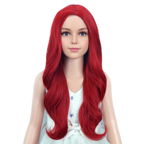 Image of PATTNIUM Kids Child Red Wig Long Curly Wavy Red Wig Middle Part Girls Heat Resistant Synthetic Hair Wigs