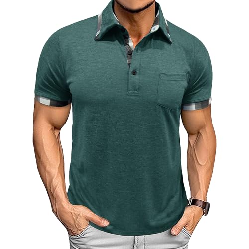 Maiyifu-GJ Men's Stylish Checkered Collar Henley Shirts Summer Lightweight Tees Pocket Casual Business Tops (Green,Large)