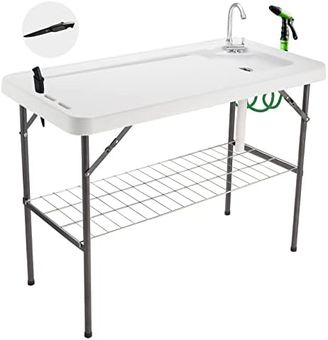 Avocahom Folding Fish Cleaning Table Portable Camping Sink Table with Faucet Drainage Hose & Sprayer Outdoor Fish Fillet Cleaning Station with Grid Rack & Knife Groove for Picnic Fishing, Black