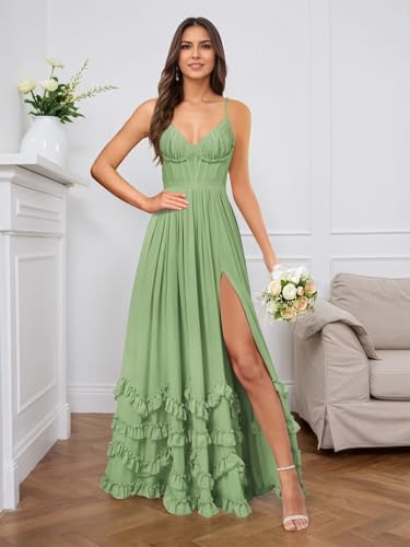 Chiffon Bridesmaid Dresses Spaghetti Strap Ruffle A Line Formal Evening Party Dress with Slit2