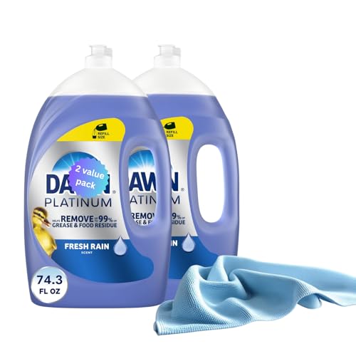 Platinum Fresh Rain Scent Liquid Dish Soap – 2 Pack (74.3 fl oz Each) + 1 Cleaning Cloth – Powerful Grease Cutting for Dishes, Pots, and Pans