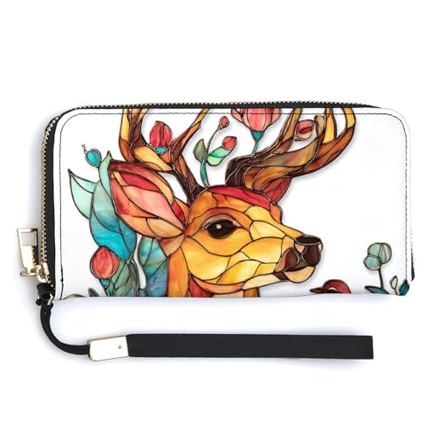 Stained Glass Deer Flowers Bird PU Leather Clutch Long Bifold Wallet, Coin Purse Credit Pass Case, Durable Card-Holder Money Storage for Women Men