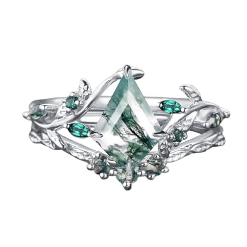 Personalized 1 Carat Natural Moss Agate Engagement Ring Set for Women, 925 Silver/10K 14K 18K Solid Gold Art Deco Leaf Vine Wedding Ring Sets Bridal Promise Rings Gift for Her Bride Wife Mother