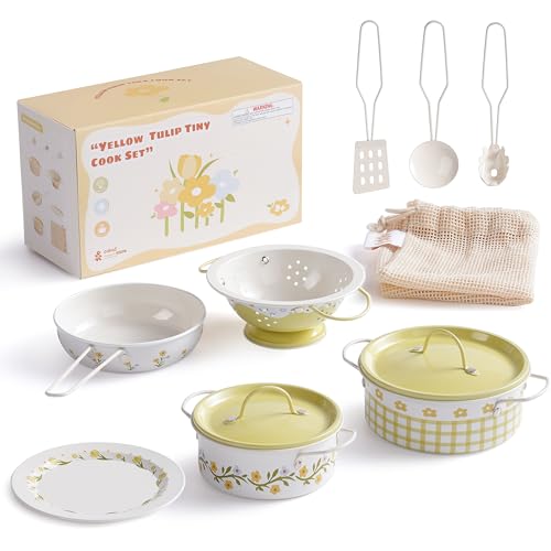 ROBUD Kinderküche Zubehör Topfset Spielset 8-teiliges Kinder Töpfe und Pfannen-Sets aus Weißblech Kinderküche Kochgeschirr für Rollenspiele Geschenk Spielzeug für Kinder ab 3 Jahren Gelb