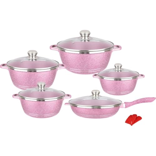 WBRSybUK Juego De 10 Ollas Y Sartenes Antiadherentes con Tapa De Vidrio, De Aluminio Revestido De Mármol, Incluye Cacerolas, Sartenes Y Ollas.(Pink)