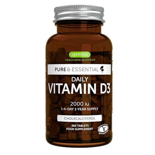 Vitamina D3 2000 UI Diaria, Colecalciferol Vegetariano, Suministro para 1 Año, 365 pequeños comprimidos, de Igennus