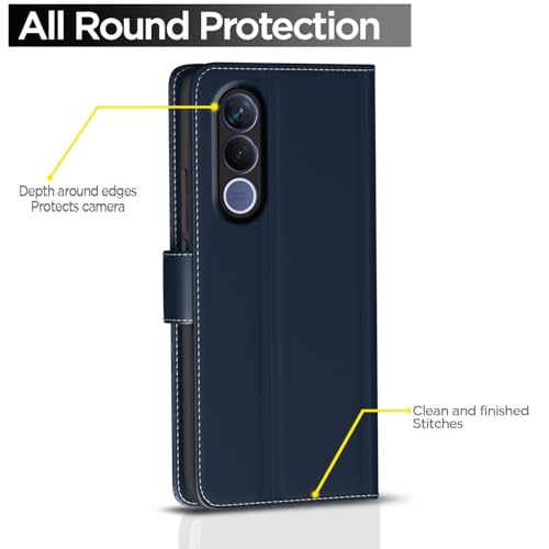 Image of Pikkme Flip Cover for Vivo V70 FE 5G | Leather Finish | Wallet Stand and Shock Proof | Complete Protection Flip Case (Blue)