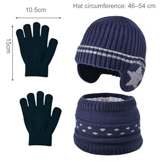 KASESSS 3 Pièces Ensemble Bonnet Tour de Cou Gants pour Enfant, 3 en 1 Enfants Chapeaux D’hiver, Motif Étoilé Tour de Cou, Doublure Intérieure en Polaire pour 3 à 7 Ans Garçons Filles, Bleu Marine