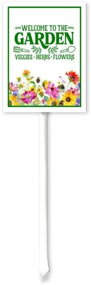 Bidesign (8x12) IN Welcome To Our Garden Veggles Herbs Flowers Yard Sign With Metal Stake For Garden Grass Farm Decor Lawn Sign Stand Tin Sign Outdoor Decorations