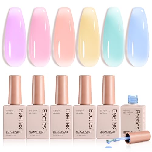 Beetles Pastel Gel Nail Polish Set - 6 Colors Spring Jelly Gel Polish Kit Pink Blue Purple Orange Yellow Green Sheer Translucent Effect Soak Off UV Macaron Dream Nail Art DIY Gift for Women