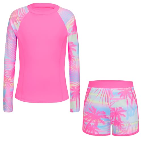 Image of Alakuoti Girls Rash Guard Swimsuit Two Piece Bathing Suit UPF 50+ Sun Protection Long Sleeve Swimwear 6-14 Years