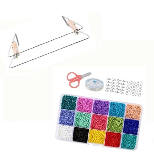SagaSave Weaving Beading Machine, Stainless Steel Bead Weaving Loom Frame with Colored Beads Set, Jewelry Loom Beading Loom for DIY Necklace Bracelet Weaving, Silver
