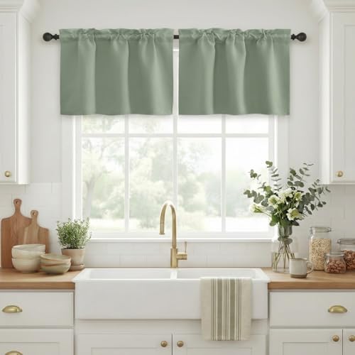 NICETOWN Kitchen Curtains 24 Inch Length Blackout Thermal Insulated Rod Pocket Tiers for Small Window Bathroom Basement, Short RV Mini Curtains for Camper, Set 2 Panels, 29" W, Greyish Green