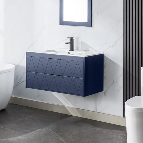 eclife 36" Bathroom Vanities Cabinet with Sink Combo, Wall Mounted Floating Cabinet W/Decor Line, Soft-Close System, 2 Extra Big Drawers, Matte Black Faucet, Navy Blue