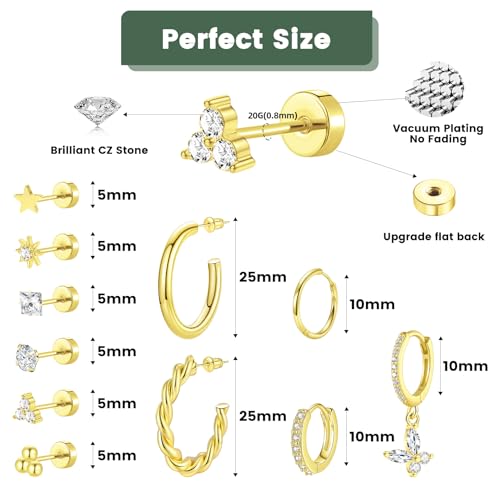11/12/13 Pairs & 19 Pcs 14K Gold Plated Earrings Set Multiple Styles CZ Diamond Star Triangle Sun Ball Studs Butterfly Dangle Huggie Rope Twisted Hoops Lightweight Dainty Trendy Jewelry2