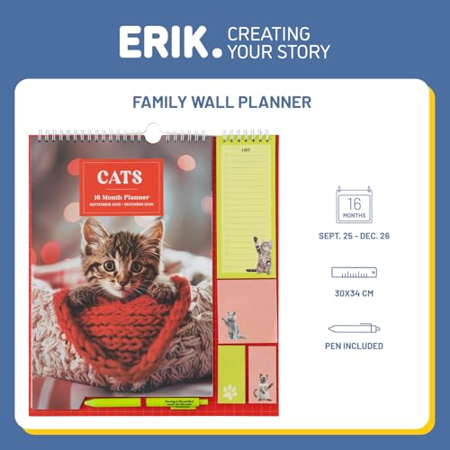 Grupo Erik Wall Planner 2026 - Cats | Monthly Planner With Stickers, Pen, Shopping List, Sticky Notes | Wall Calendar 16 Months Sep 2025 - Dec 2026 | Cat Gifts For Family